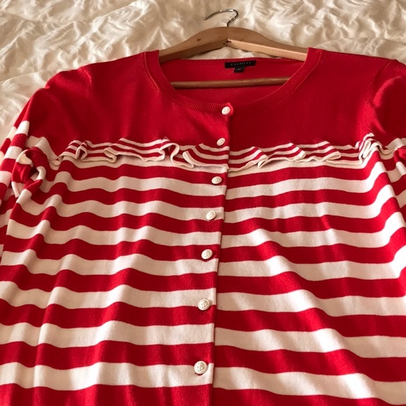 Talbots Striped Cardigan Sweater w/ruffle yoke, Nautical Anchor theme buttons - Picture 5 of 8